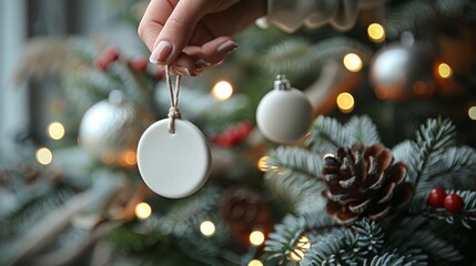 white circle ceramic flat onament hanging on christmas branch tree, 