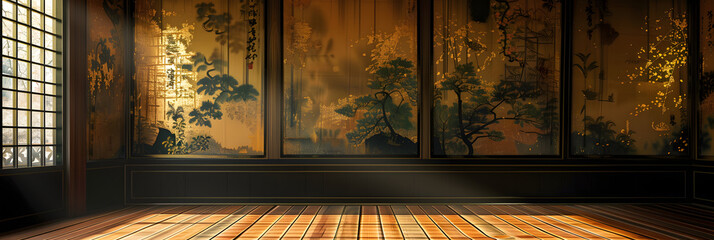 A vintage Japanese room, background. Traditional upper class Japanese style room with gold decorated walls. Hand-edited generative AI. 