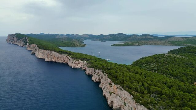 The nature park Tela&scaron;ćica(Telascica) on the island of Dugi Otok, Croatia, is home to some of the most spectacular seascapes, featuring dramatic cliffs towering above the azure sea captured by drone