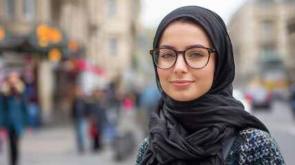Smiling young woman in hijab posing on a busy city street