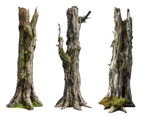 large dead tree trunks collection isolated on transparent or white background
