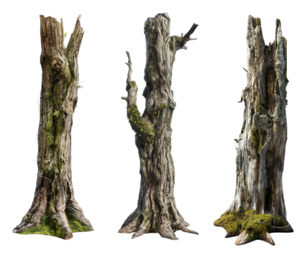 large dead tree trunks collection isolated on transparent or white background