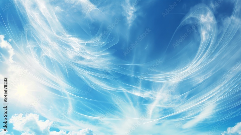 Poster a bright blue sky filled with abstract white clouds, resembling flowing lines and patterns. the clou