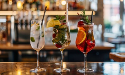 Assortment of Tropical Cocktails with Garnishes on Bar Counter