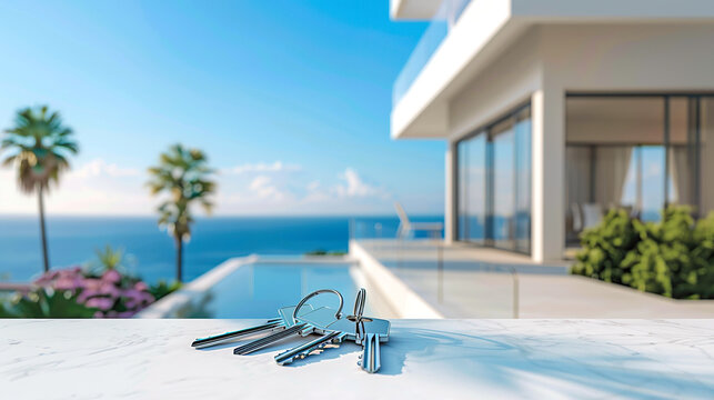 House keys in front of modern luxury house on sea or ocean background. Mortgage, investment, rent, real estate, booking home on vacations and property concept