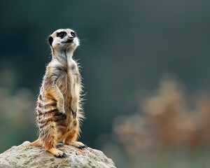 Curious Meerkat Standing Upright on Rock in Alert Pose Wildlife Portraits Concept