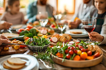 A warm family dinner scene with a variety of healthy foods, enjoying a meal together.