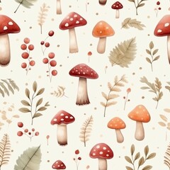 A watercolor seamless illustration depicts an autumn pattern with delicate mushrooms, berries, and leaves in pastel hues, capturing the whimsical beauty of the season