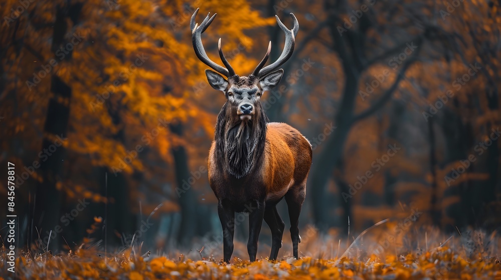 Sticker Majestic Stag in Vibrant Autumn Forest Clearing with Ample Copy Space