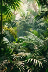 Lush Tropical Rainforest with Palm Trees and Ferns, High Contrast Hyper Realistic Photography