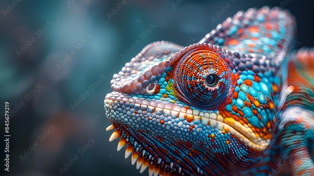 Poster mesmerizing close up of a chameleon adapting to its surroundings with vibrant coloring and intricate