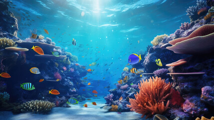 Underwater scene with colorful coral reef and various tropical fish, background