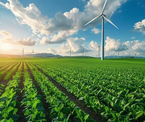 Green crop field with wind turbines in the background, sunny day with blue sky and fluffy clouds, concept of sustainable agriculture and renewable energy