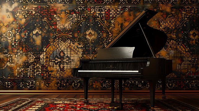 Black grand piano mockup with a batik song ket background