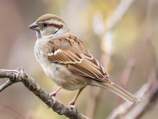 A small brown sparrow perched on a branch, showcasing its detailed plumage and alert expression.