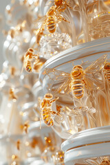 Futuristic beehive with white gemstones and sparkling gold details