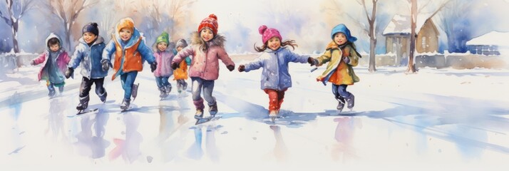 In a wintry snowstorm, children glide gracefully on ice, captured in vivid watercolor with pastel hues against a serene white backdrop, evoking a sense of enchantment and joy, banner