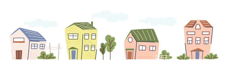 Various Small House with Green Tree Vector Set