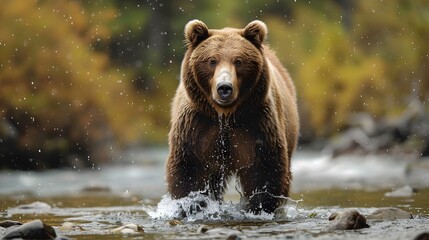 Obraz premium Mighty Grizzly Catching Fish in Rushing River Wildlife Concept