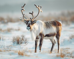 Majestic Reindeer Standing in Snowy Arctic with Frost Covered Antlers