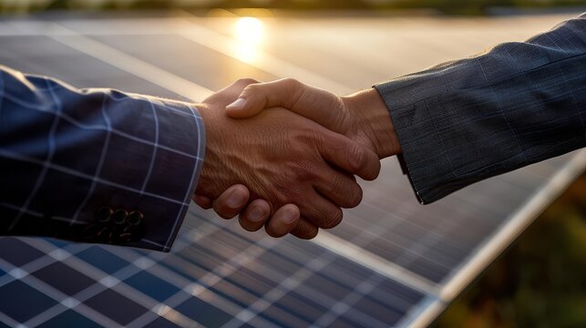 Closeup of a handshake, solar panels background, business deal, sustainable energy, professional attire