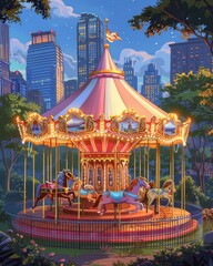 Carousel in a lively city park, skyscrapers in the background, festive colors, cartoon style, high detail
