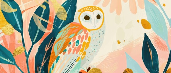 A minimal and whimsical illustration featuring a bold, pastel-colored owl amidst a vibrant.
