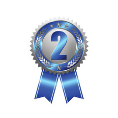 Second prize silver medal on isolated white background. Award badge with blue ribbon. Champion symbol of victory in competitive games. Vector illustration.