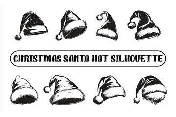 Santa hat set silhouettes Vector. Silhouettes of Santa hats. Vector illustration. Santa hat icons Santa cap. Christmas Santa hat collection.