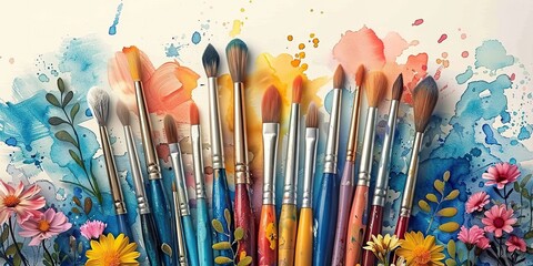 Fototapeta premium a vase with paint brushes and flowers outline modern design