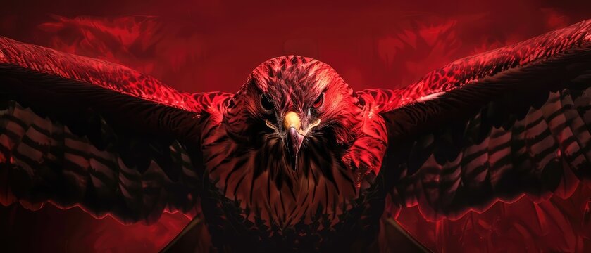 A photo of a red hawk with wings spread wide, surrounded by dynamic red and black abstract splashes.