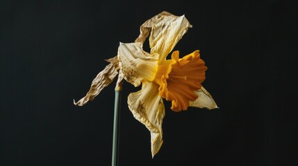 A dry yellow daffodil on a black backdrop © TheWaterMeloonProjec
