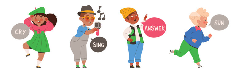 Little Boy and Girl Learning English Word Vector Illustration Set