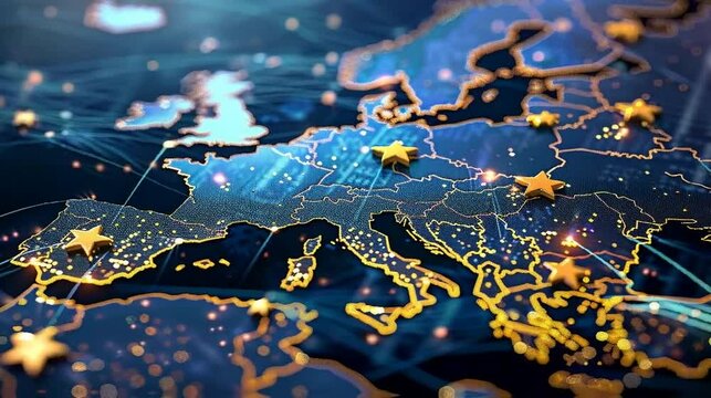 Capture the EU's leadership in digital privacy and data protection, visualizing encrypted data flows between major capitals like Berlin, Paris, and London, underlining cybersecurity measures and GDPR 