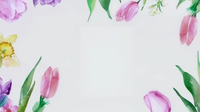 Delicate watercolor painting features a floral border with tulips and daffodils. The pastel color palette includes pinks, purples, and yellows, and evokes a springtime mood.