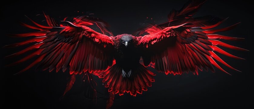 A photo of a red hawk with wings spread wide, surrounded by dynamic red and black abstract splashes.