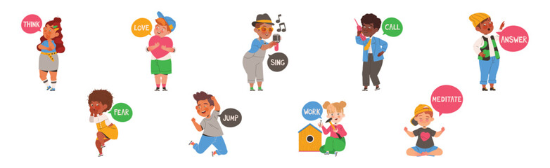 Obraz premium Little Boy and Girl Learning English Word Vector Illustration Set