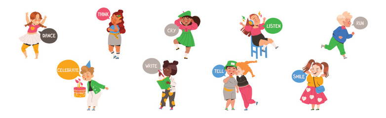 Little Boy and Girl Learning English Word Vector Illustration Set