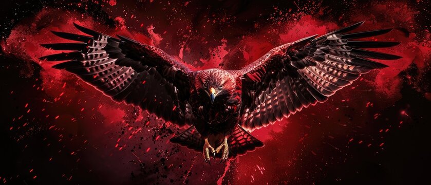 A photo of a red hawk with wings spread wide, surrounded by dynamic red and black abstract splashes.