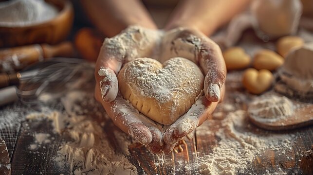 Hands holding heart-shaped dough in cozy baking scene with ingredients