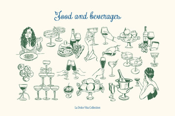 Minimalist hand drawn food and beverages vector illustration collection. Matisse style. Art for greeting cards, wedding invitations, poster design, postcards, branding, logo design, background.