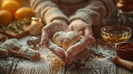 Hands holding heart-shaped dough in cozy baking scene with ingredients - Powered by Adobe
