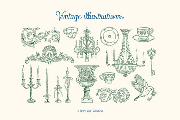 Minimalist hand drawn vintage vector illustration collection. Art for greeting cards, wedding invitations, poster design, postcards, branding, logo design, background.
