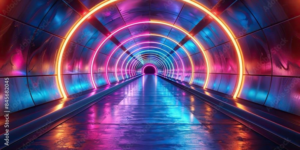 Wall mural an abstract neon light tunnel is formed by streaks of blue purple and turquoise colors