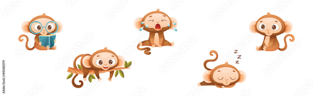 Poster funny brown monkey with prehensile tail enjoying different activity vector set