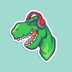 Vector hand-drawn illustration of tyrannosaurus in headphones isolated on white. Cartoon sticker with cool dinosaur. T-rex in comic style.