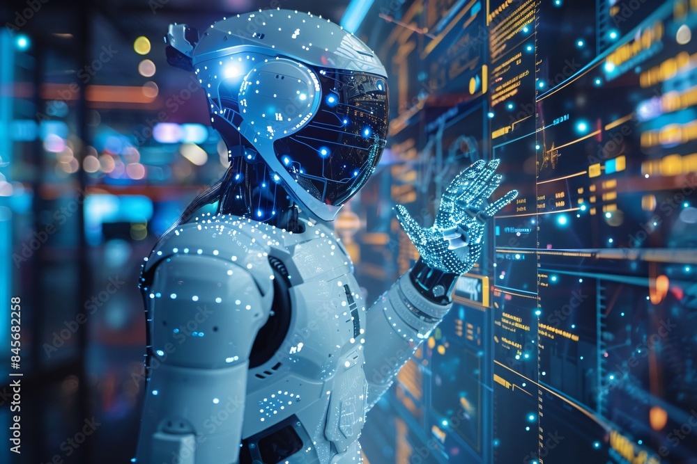 Poster robot in advanced outfit interacts with screen