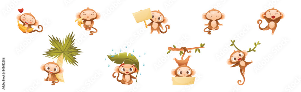 Poster funny brown monkey with prehensile tail enjoying different activity vector set