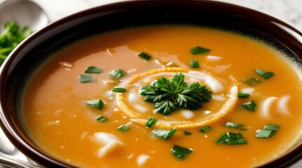 A warm, inviting bowl of butternut squash soup garnished with fresh parsley and finely chopped green onions. The rich, orange soup is creamy and smooth, presented in a dark, elegant bowl