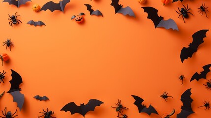 Halloween Bats and Spiders on Orange Background, Generative AI